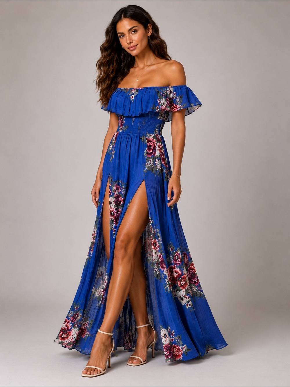 Exist Royal Blue Floral One-Shoulder Ruffle Maxi Dress